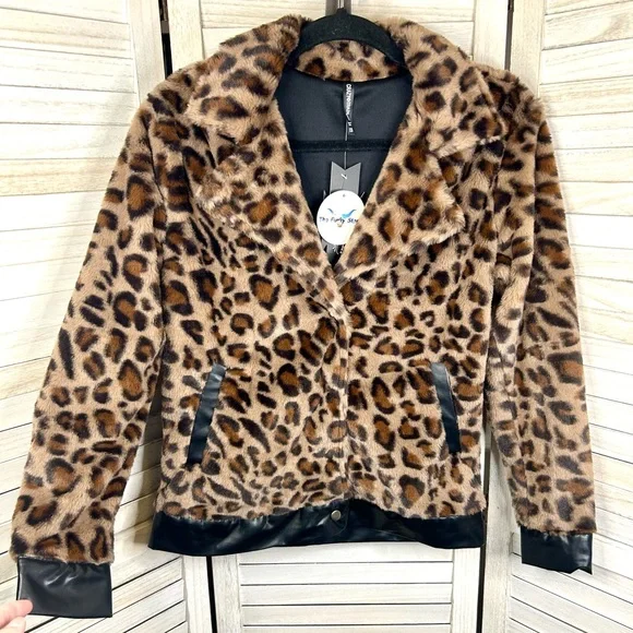 Crazy Train Leopard Print Leather Faux Fur Bomber Jacket Brown and Black New - Picture 4 of 11